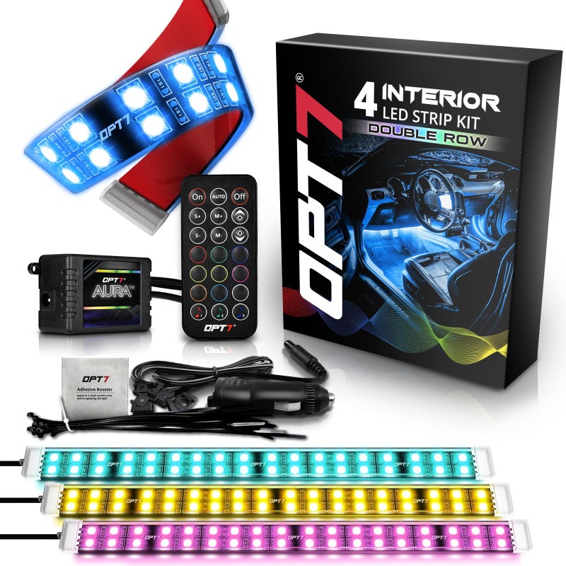 OPT7 Aura Double Row Car LED Lights Interior with Wireless Remote Control, Multicolor Mode, Sound Active Function Inside Ambient Lighting Kit, Footwell Floor Decor, Charger Adapter 12V, 4pc - Image 1